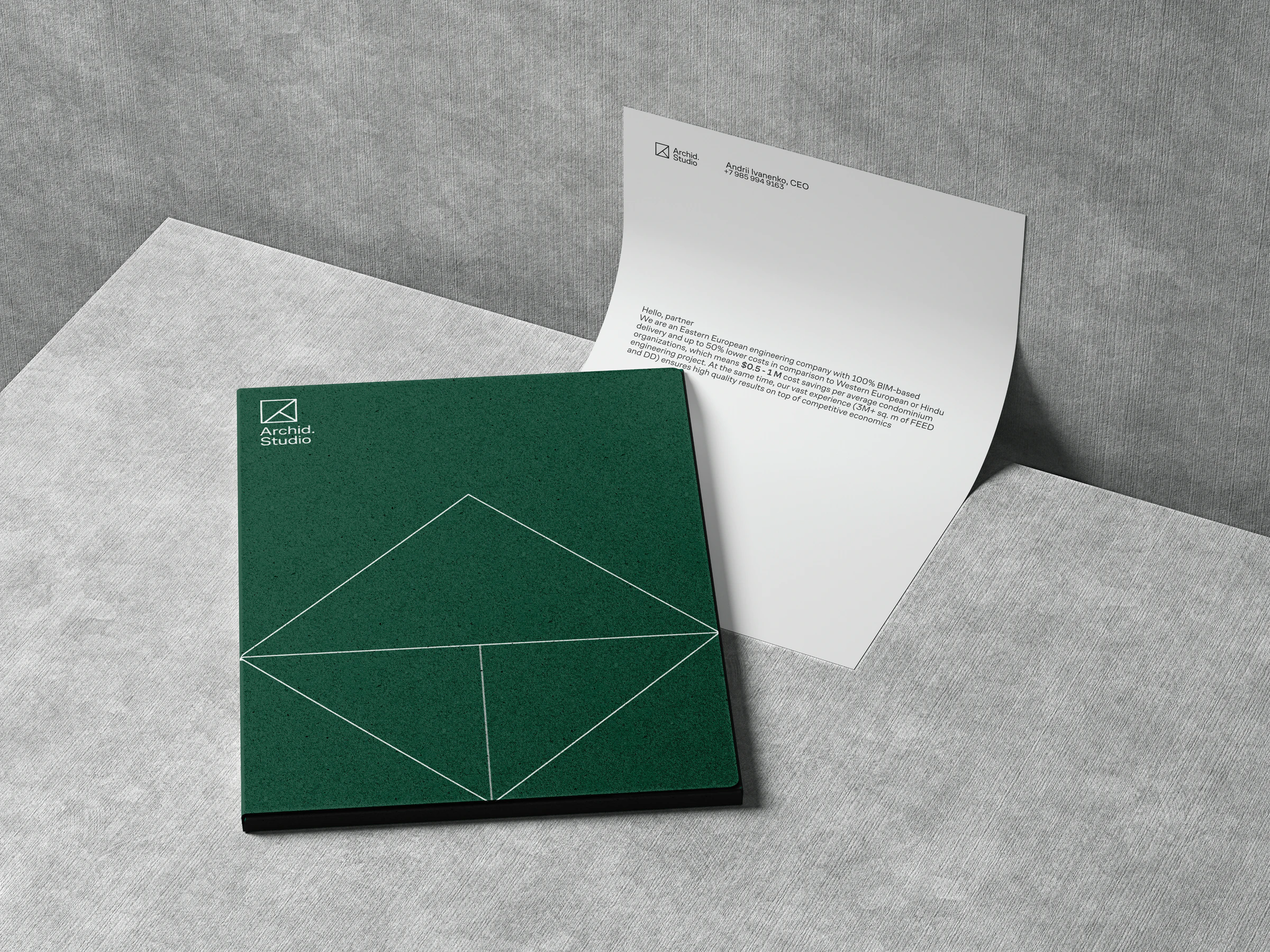 Green folder with line graphics and a letterhead
