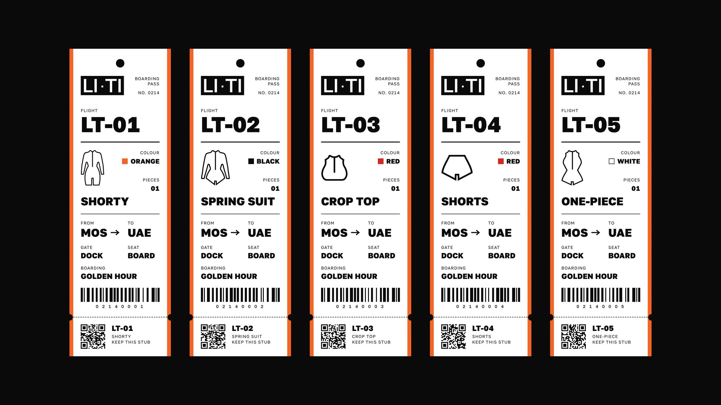 Five boarding pass hang tags, LT-01 to LT-05