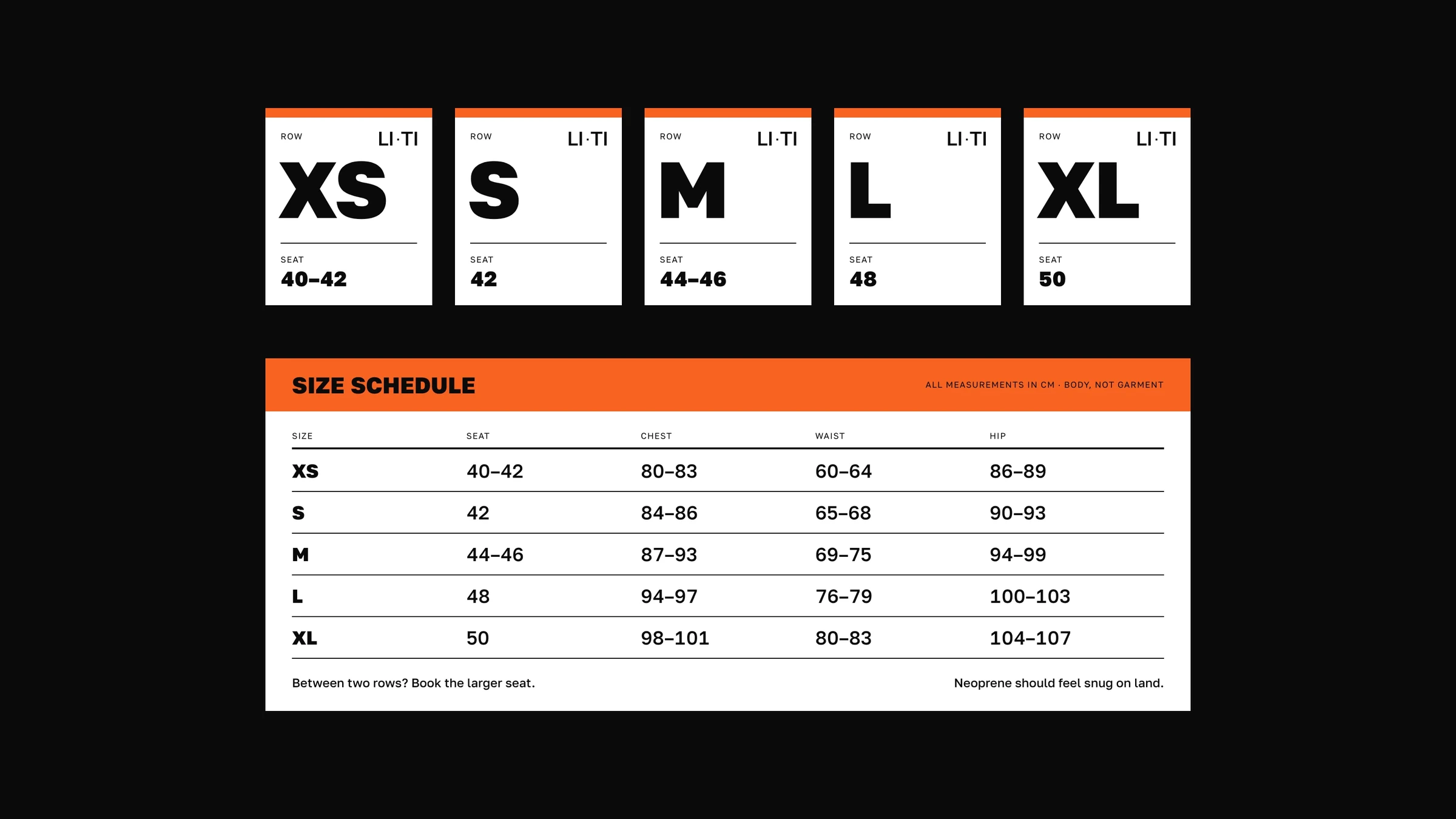 Size labels XS to XL and the size schedule