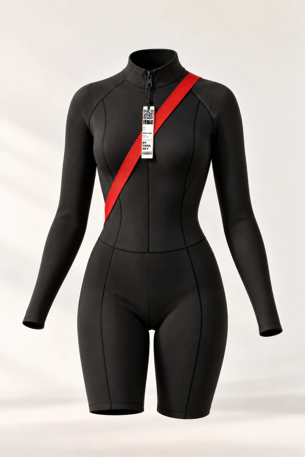 Spring suit in black with the red strap
