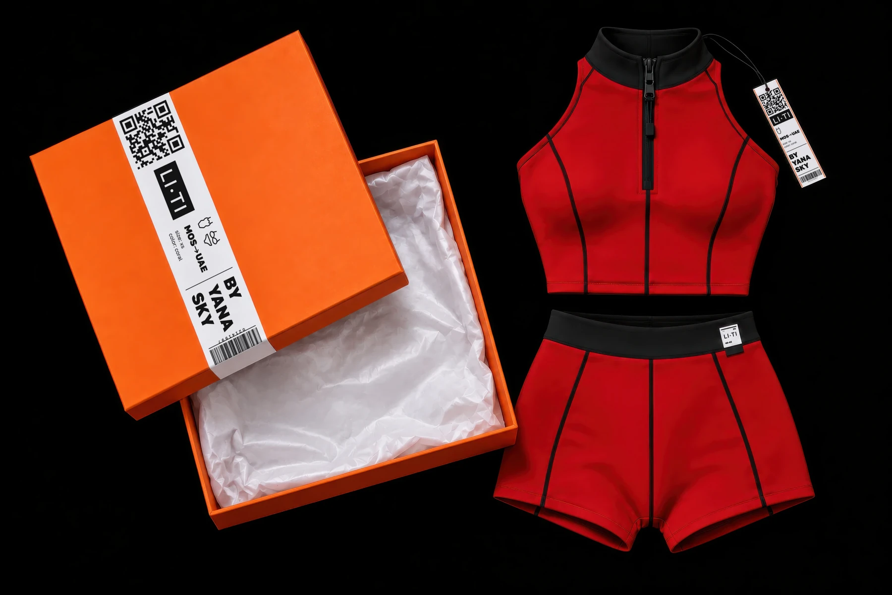 Box with the red crop top and shorts
