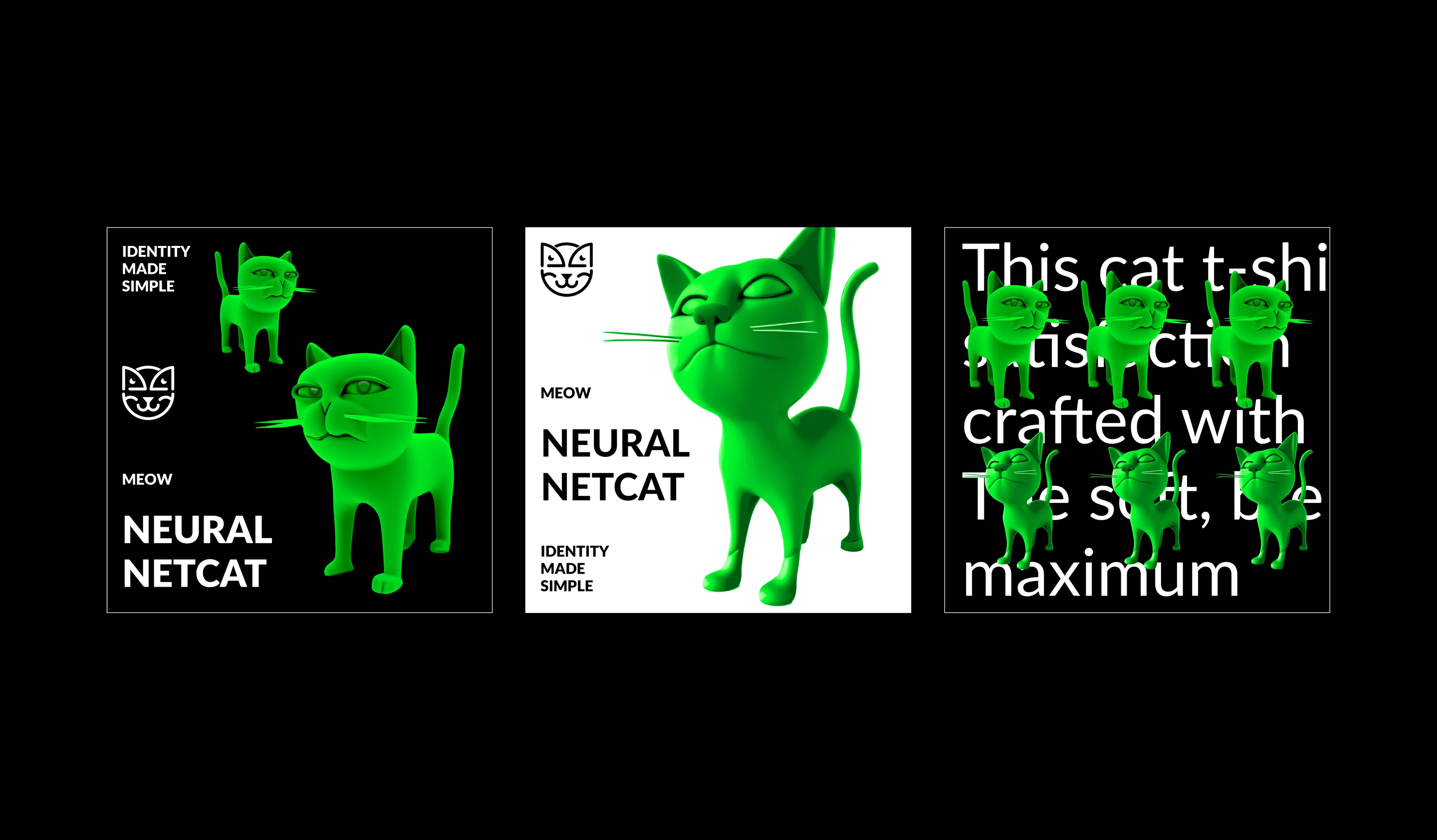 Three Netcat posters on black, two side-eyeing green cats, the cartoon cat looking up on white, and lines of type with rows of cats