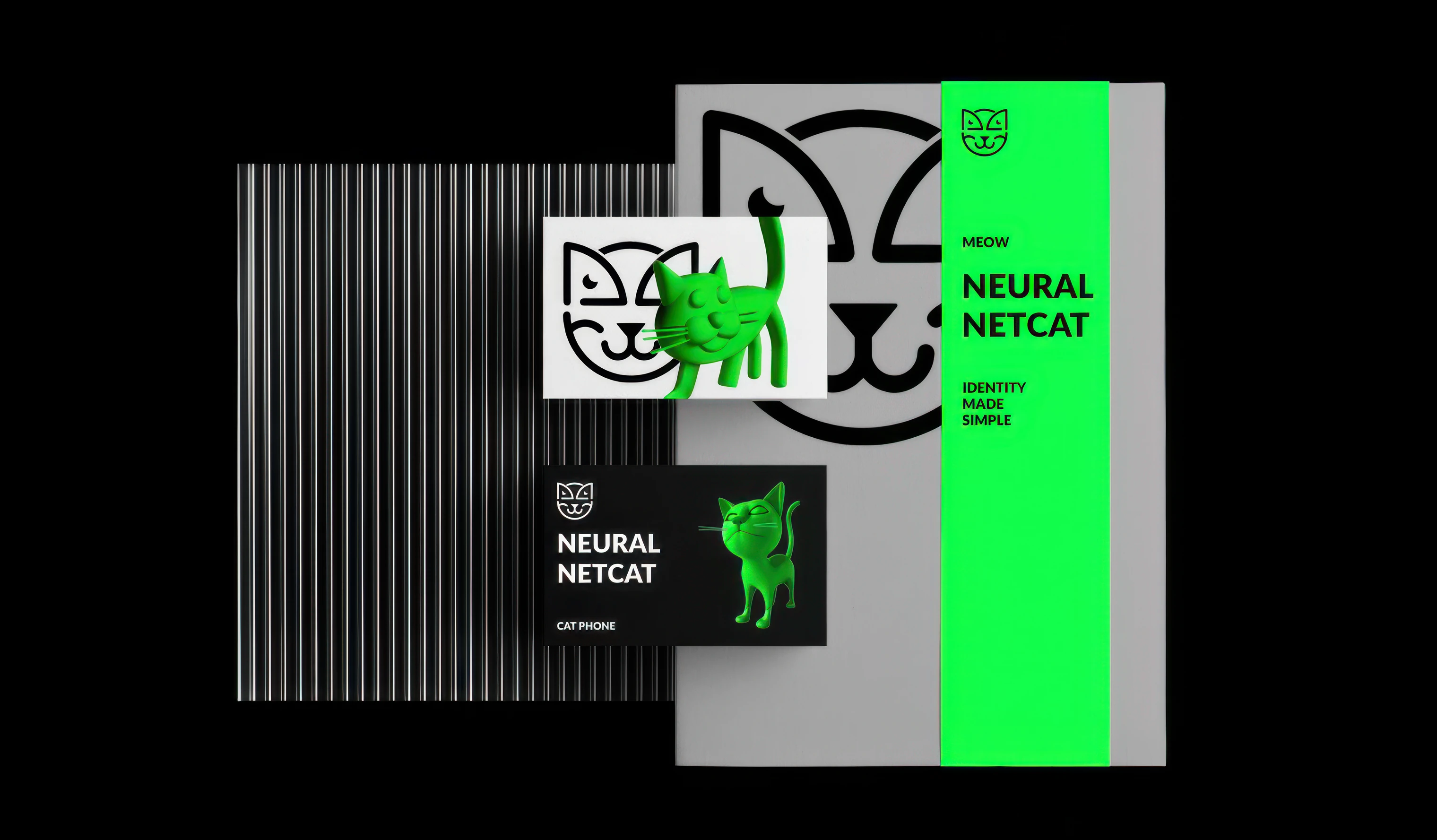 Netcat stationery on black, a folder with the large outline logo, a green band and two business cards