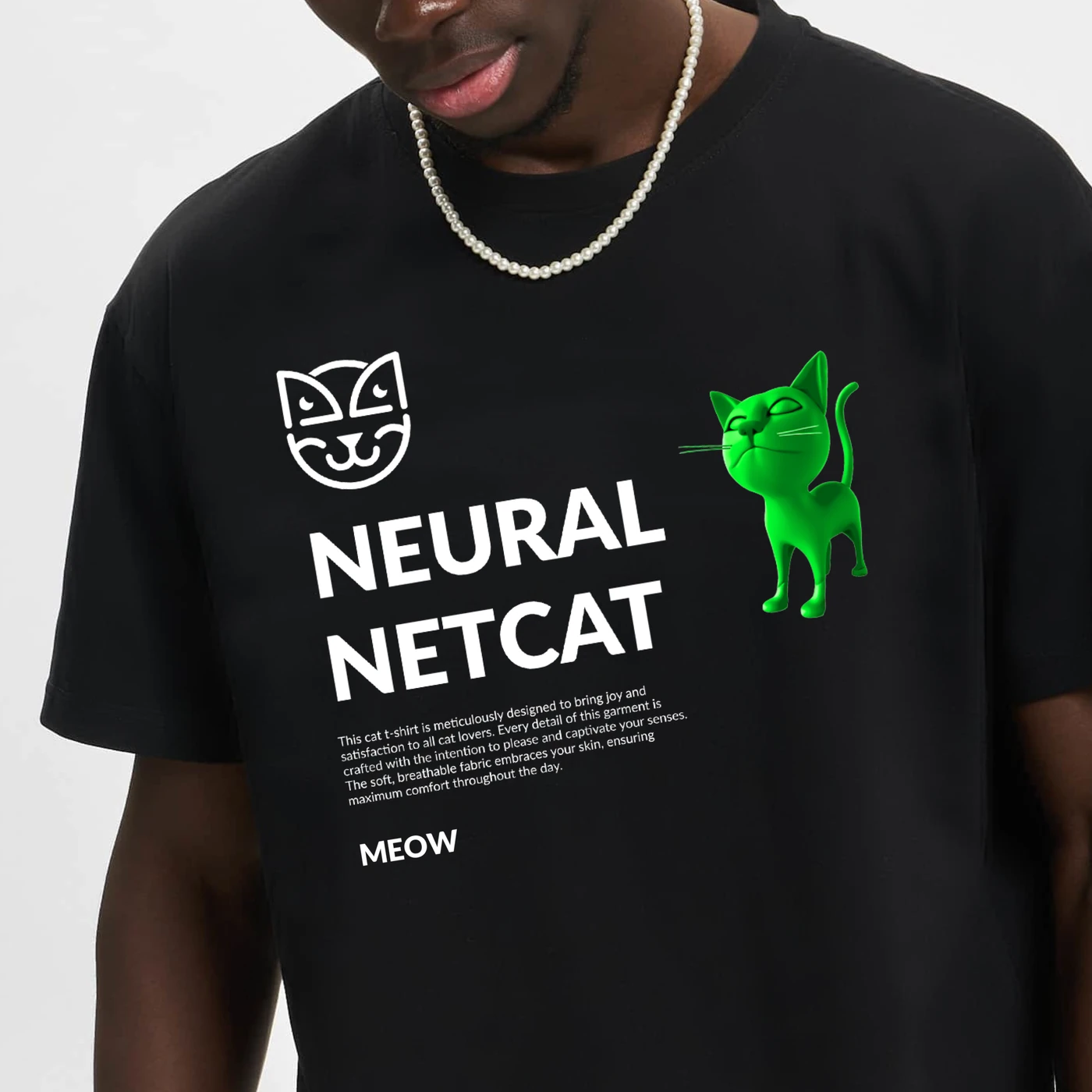 A black Netcat t-shirt with the logo, Neural Netcat and a green cat