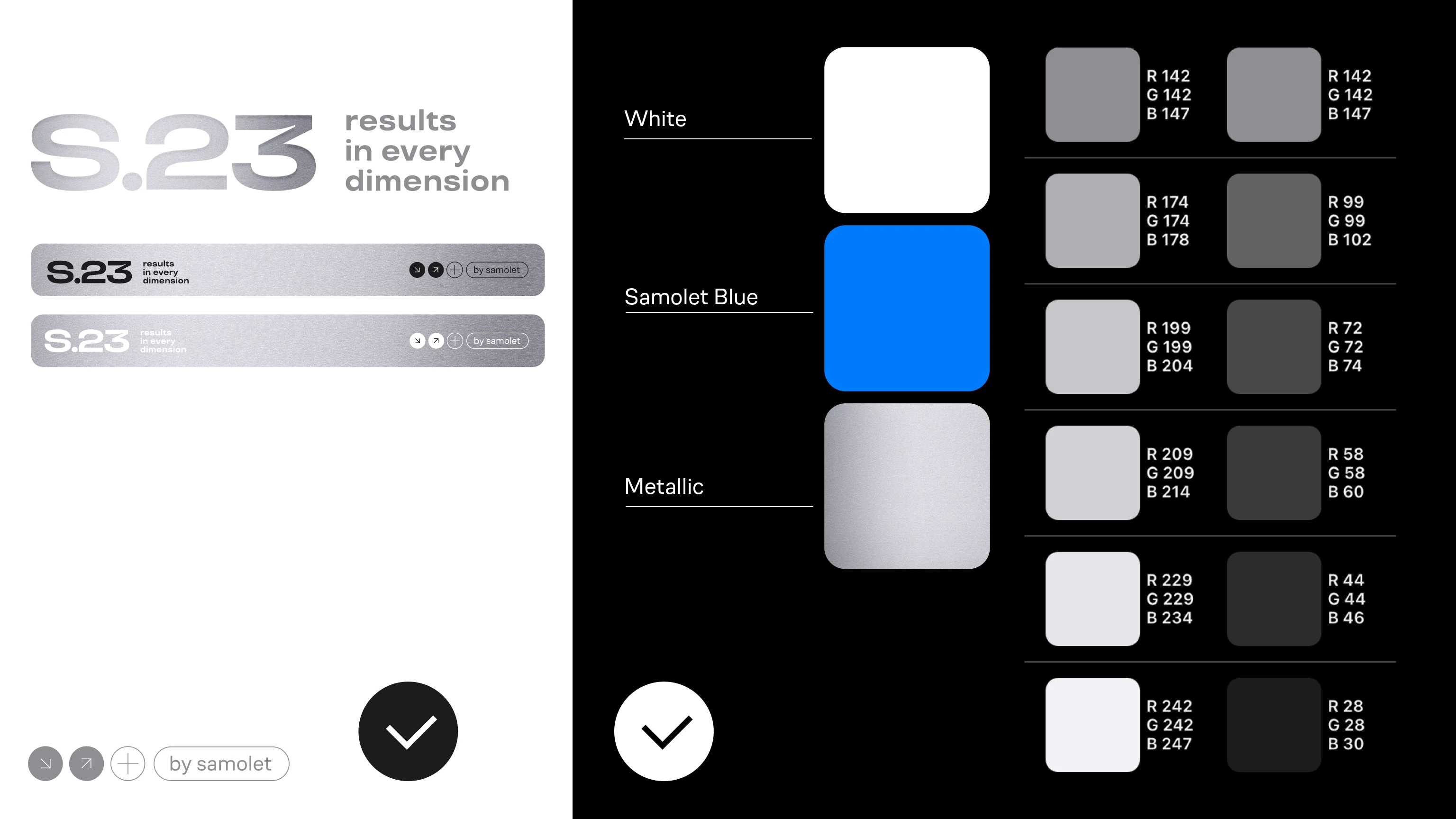 S.23 logo versions and the palette: White, Samolet Blue, Metallic