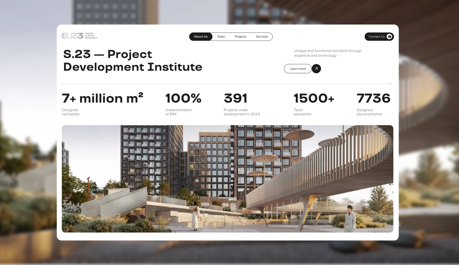 S.23 home page over a residential render