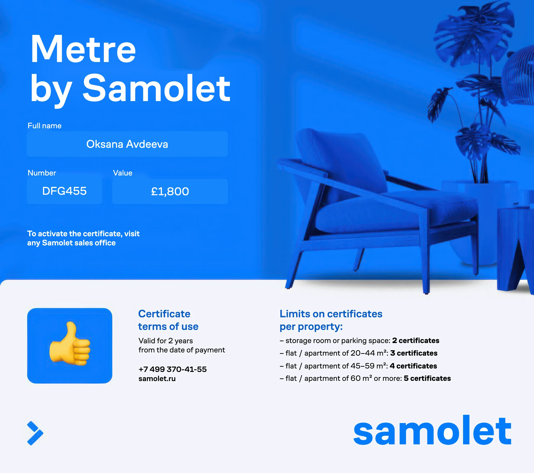 Metre by Samolet certificate post