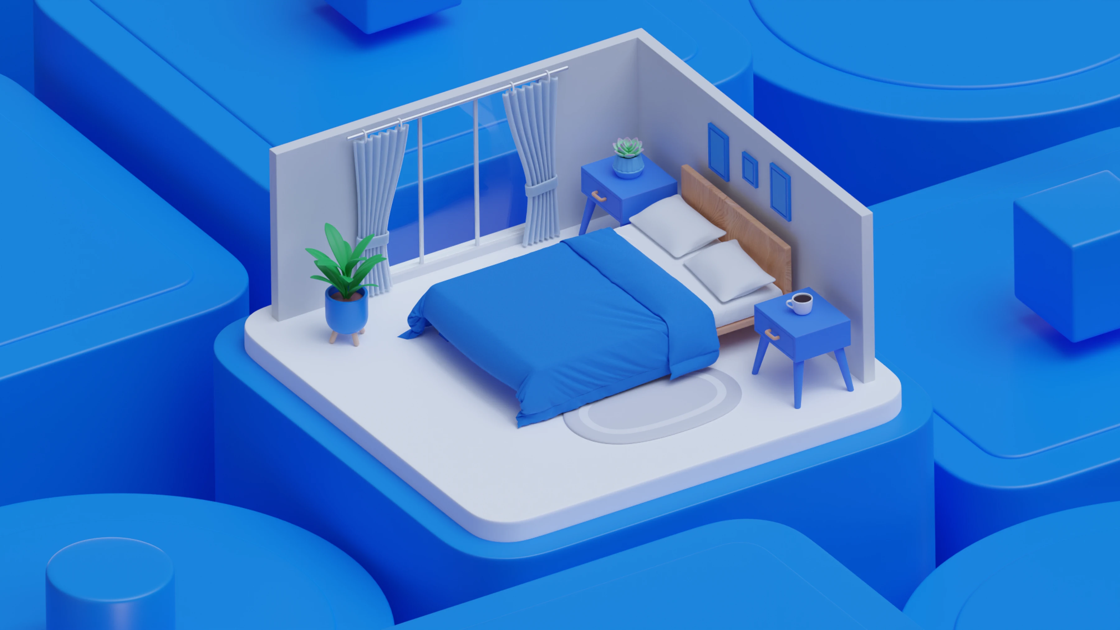 Isometric 3D bedroom in Samolet blue