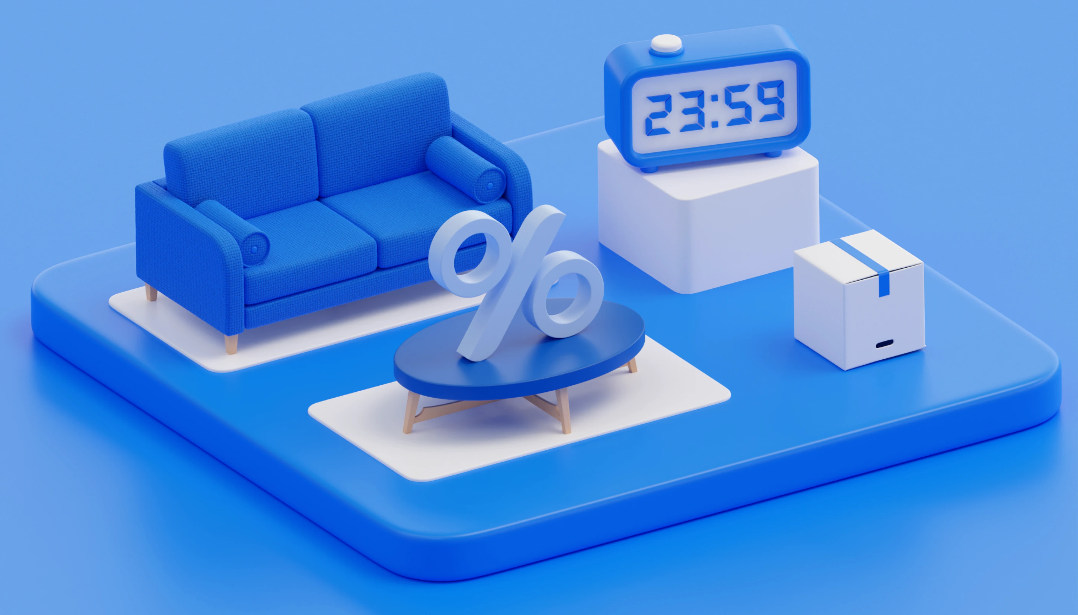 3D sofa, alarm clock and discount sign