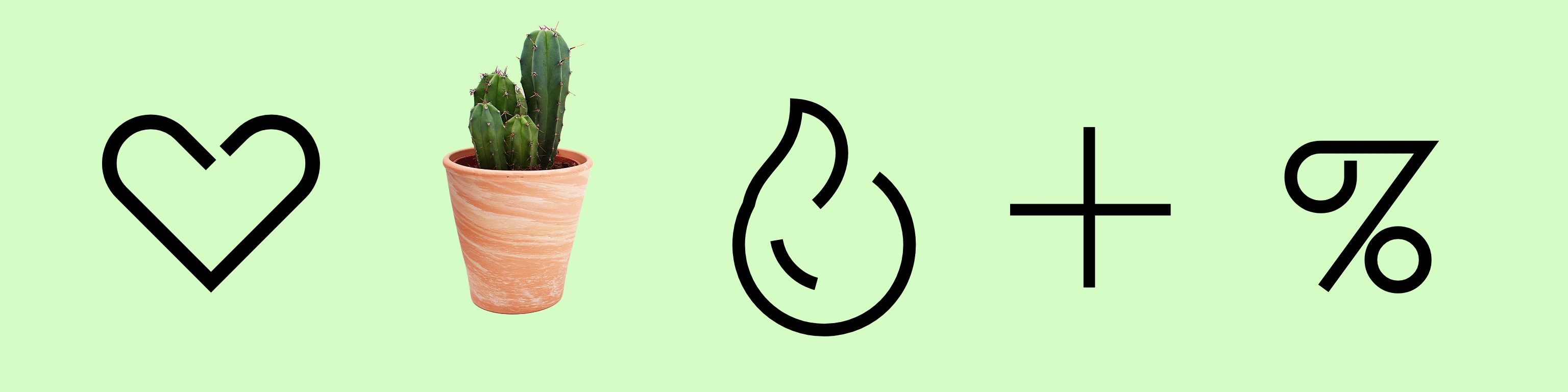 Brand icons joined by plus: heart, cactus, flame, plus, percent