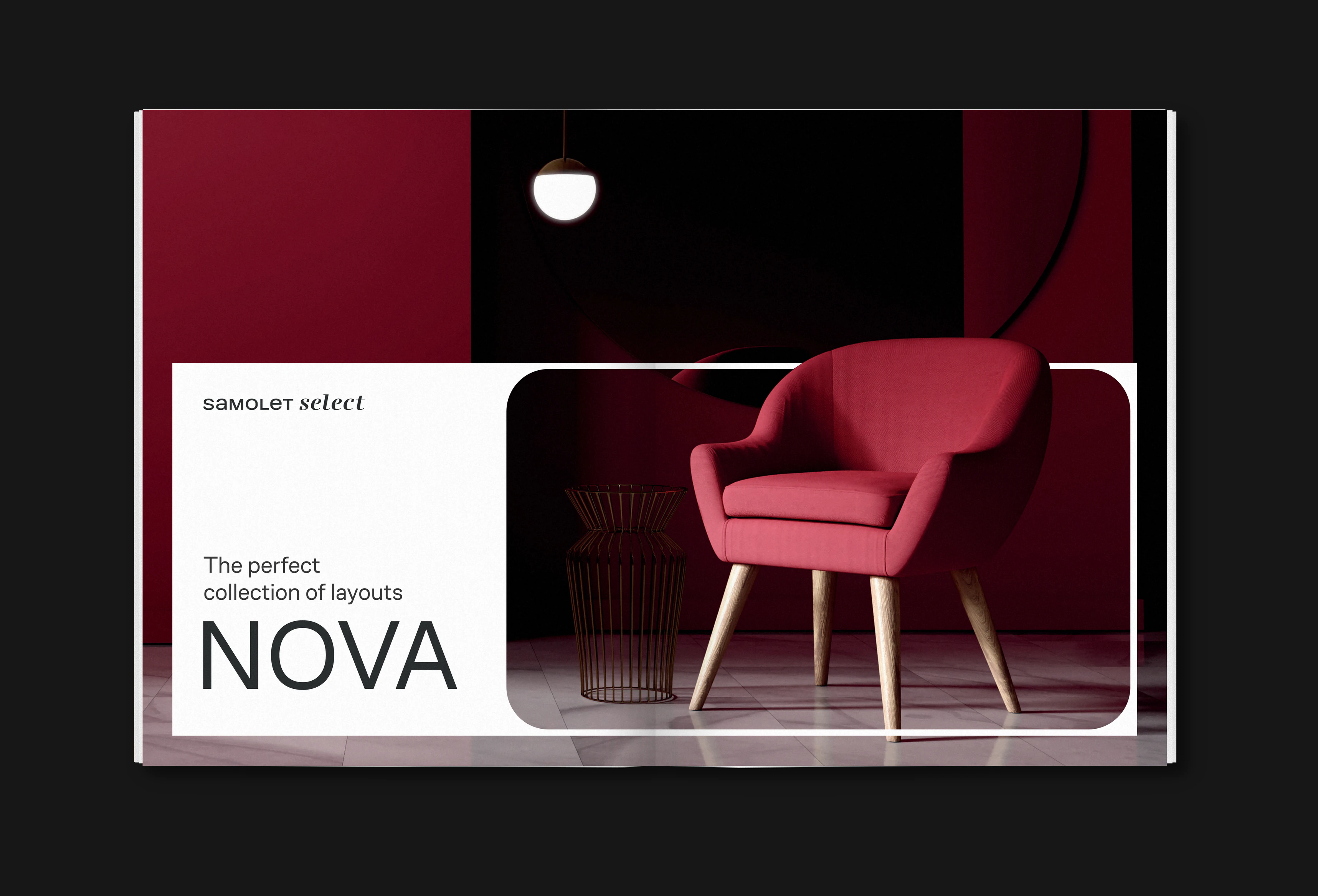 NOVA brochure spread with a red armchair, "The perfect collection of layouts"