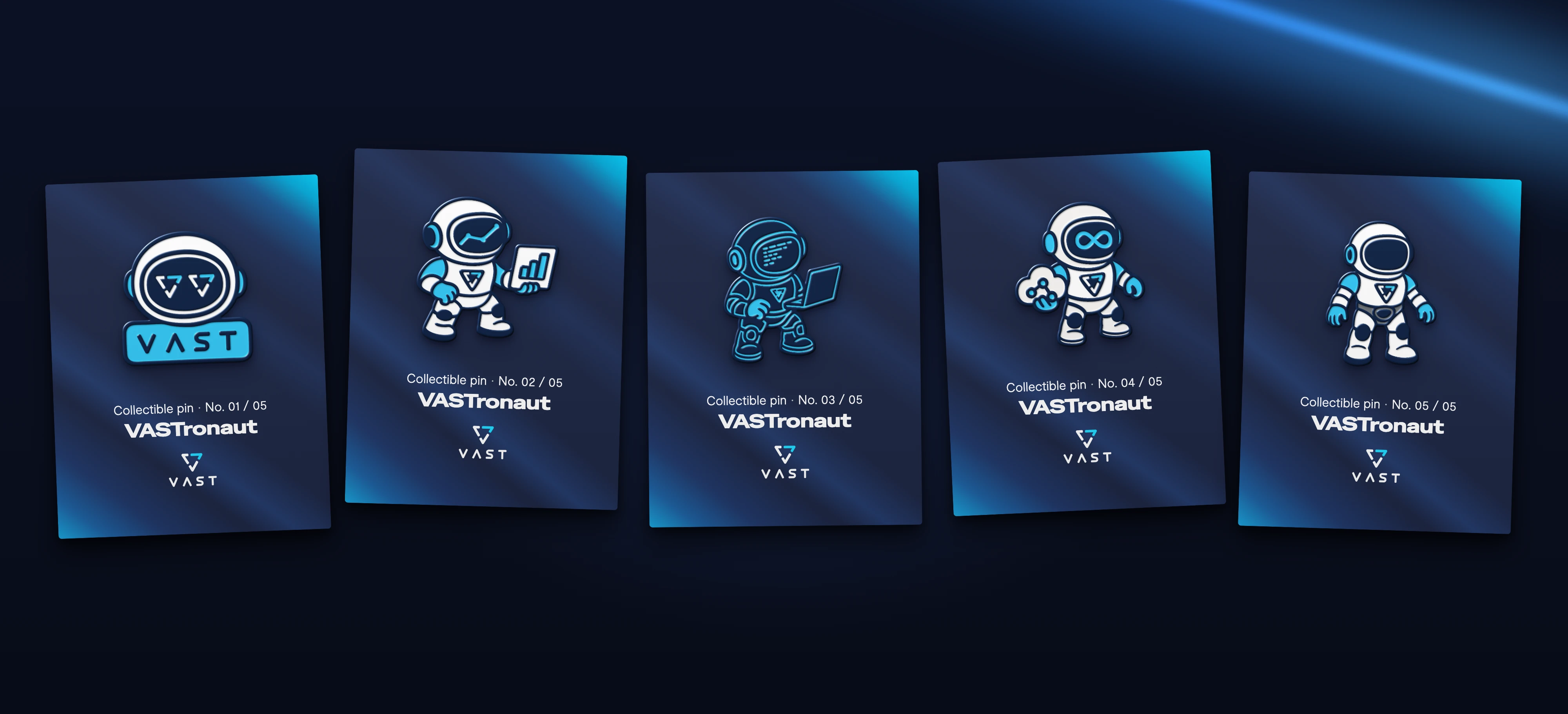 VASTronaut collectible pin series, five enamel pins on their packaging cards